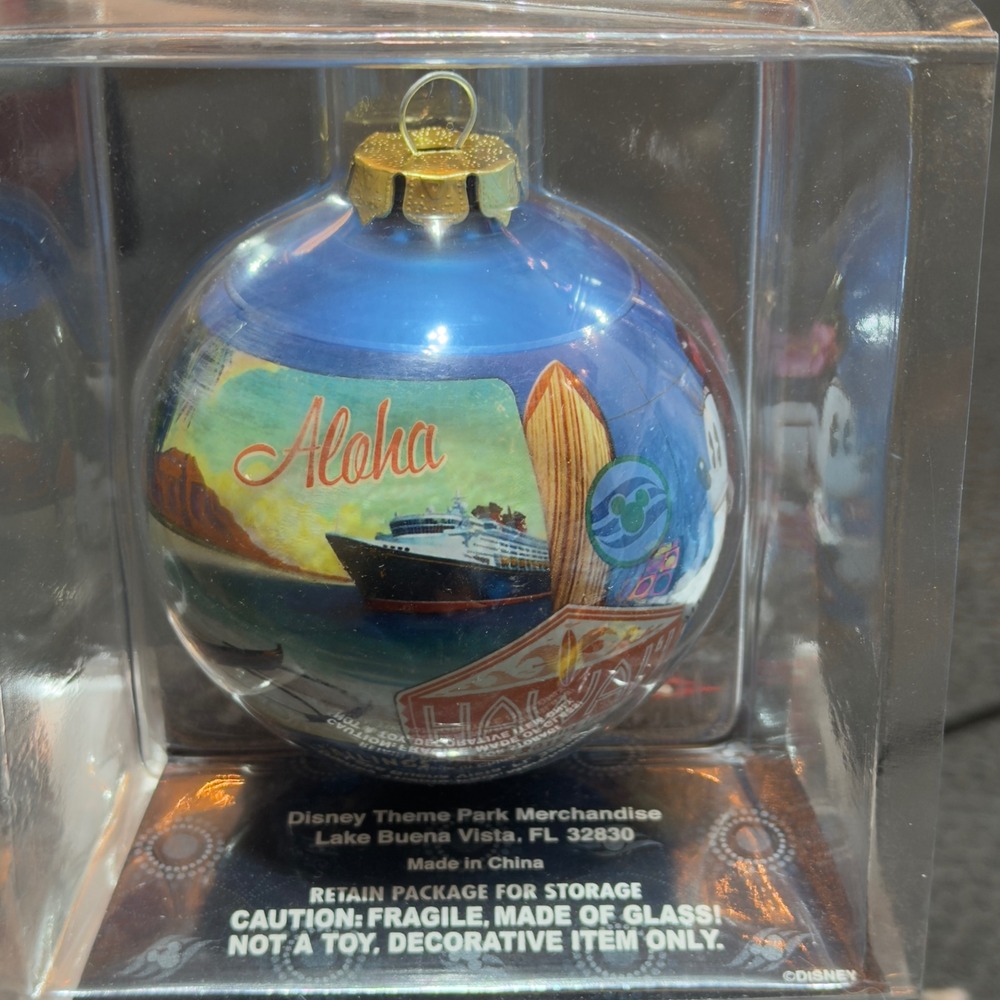 Disney Cruise Line Hawaii Aloha Ornament Mickey Minnie Blue Glass Ball Souvenir